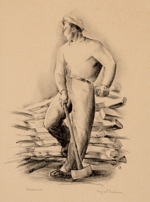 Man leaning against a stack of wood with an axe propped by his leg; held by his right hand and looking off to the right.
