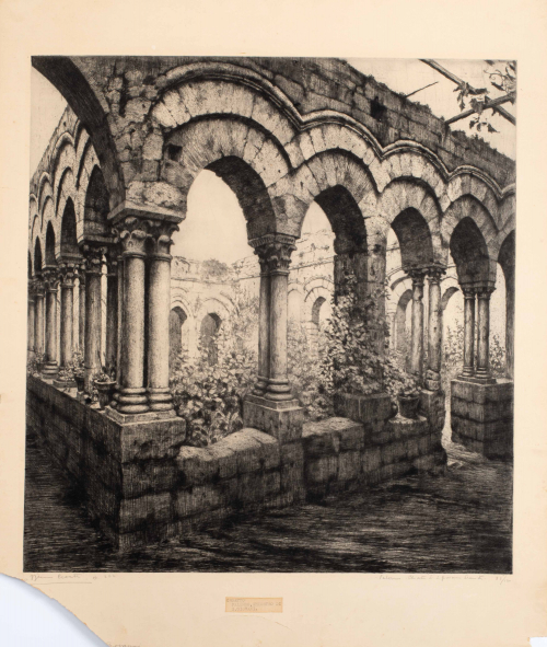 Various plants growing within an ancient ruin; consisting of arches and pillars made of stone-like material