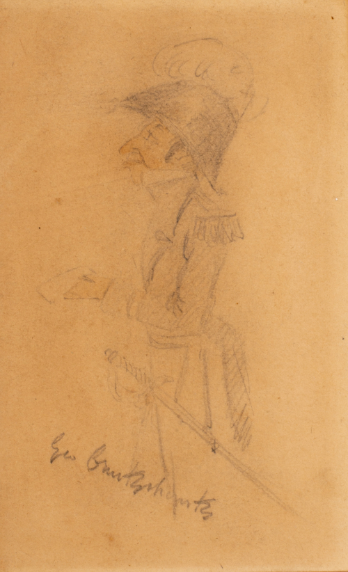 A small cartoon-like drawing of an admiral with writing (signature?) diagonally in lower left 