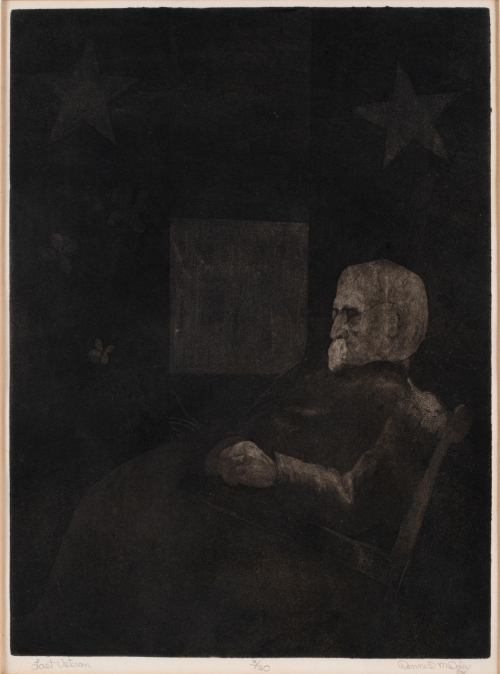 Dark print of a bearded man in a recliner with stars in the background