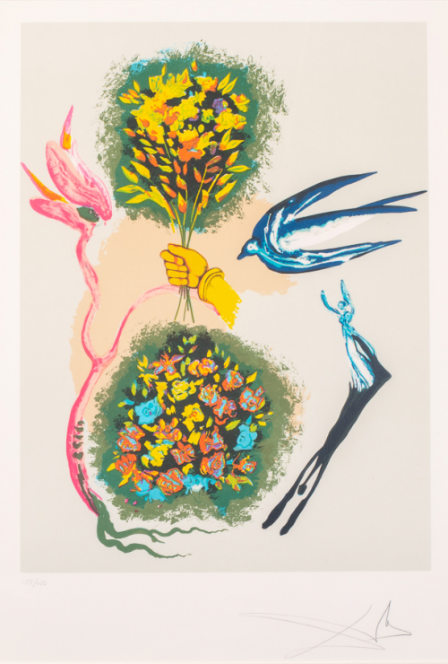 hand holds a bouquet of colorful flowers; below is another bouquet of flowers; to right blue colored bird and human figure