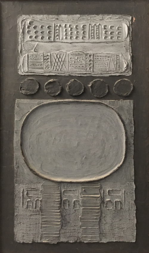 A textured painting in blacks and grays with two rectangular forms