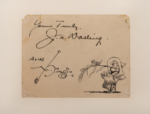 Small illustration of farmer with a long piece of hay in his mouth with grasshopper on it, a note from artist fills most of page