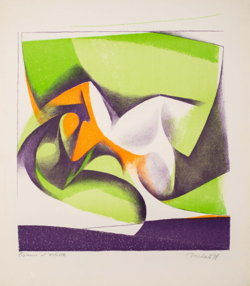 Non-objective work; geometric light-green, purple, cream and orange shapes