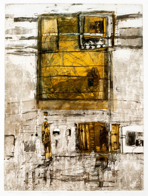 An abstraction with three figures, rectangular forms, and other complex markings in shades of yellow/gold and gray