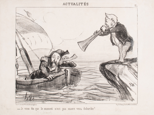 Man in sailboat with ear trumpet in left ear which is directed towards man standing on rock yelling through a larger horn.