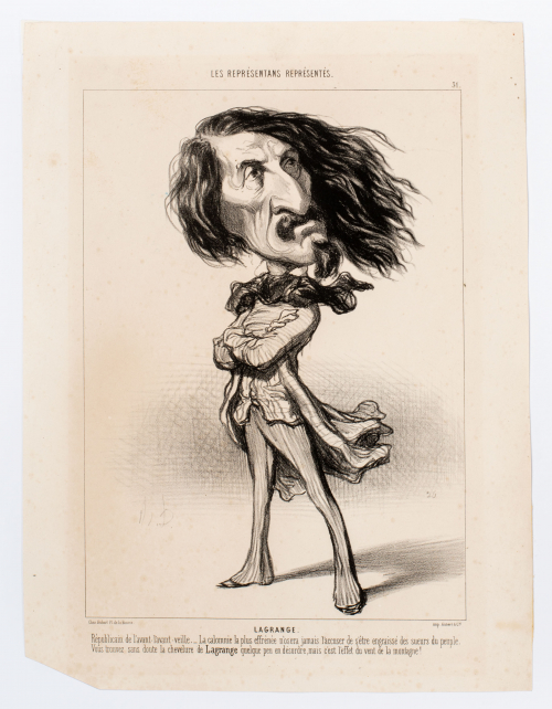 Caricature-like depiction of a man standing with crossed arms and a goatee, hair blowing in wind. 