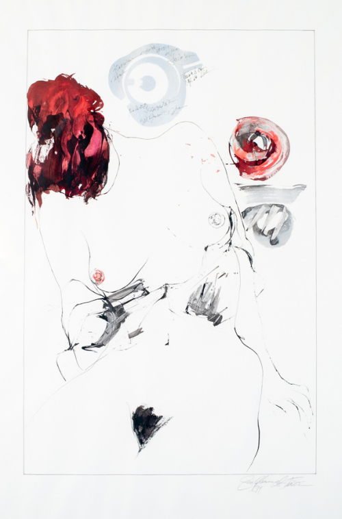 A figural abstraction featuring a female nude, largely drawn with contour lines and splashes of red-pink for hair, nipple