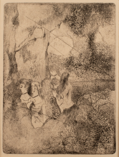 diagonal scratched from upper left to lower right; five women grouped in vague landscape scene 