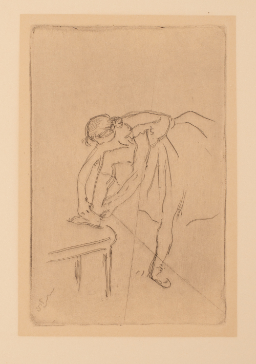 Loose line depiction of a ballerina gracefully bending to tie her right shoe on a bench.
