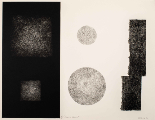 left black background two squares in white scratch-like marks; in right white background two spheres of black-scratch like marks