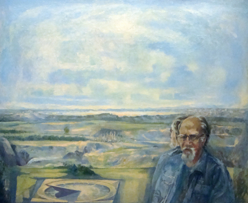 A male figure dressed in blue stands to the lower right in a bright summer landscape