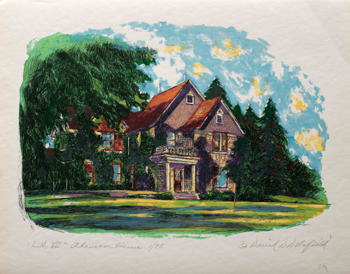A color illustration of a three-story residential building surrounded by trees with a prominent but small front porch.
