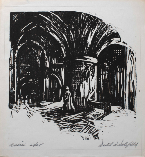 Done in black ink, architectural interior with a small hooded figure in the foreground. 