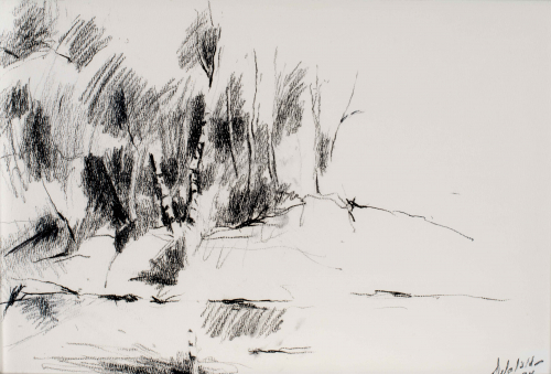 An loosely drawn landscape with a bank of trees to the left of the composition