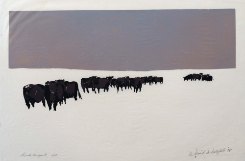 Print of black and brown cows in a white field in front of a purple/blue sky. 