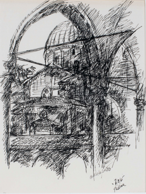 An en plein air drawing depicting a domed building as seen through the columns of another building