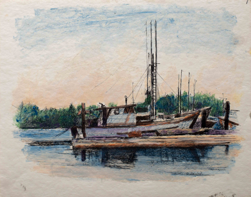 An illustration docked boat in profile (side view), with dock in foreground, and vegitation in background.