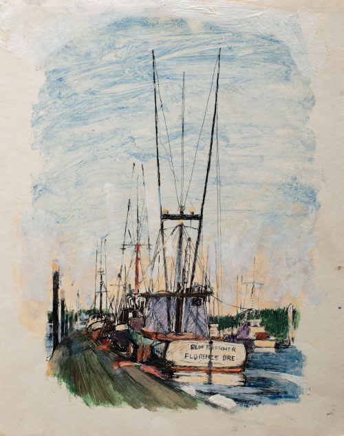 A color illustration of a row of boats ported at dock