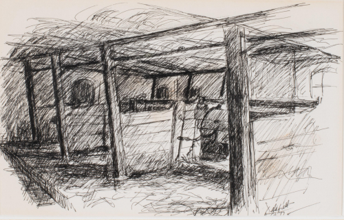 A drawing of a barn interior in which the perspective diminishes to the left.