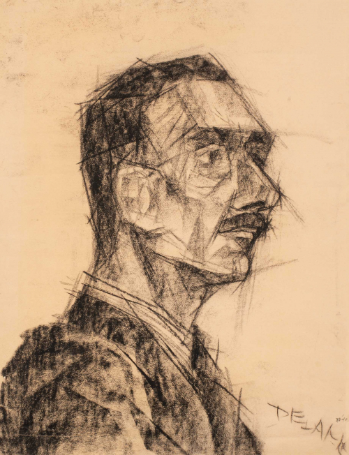Portrait bust of a man in three-quarter view (nearly profile) formally dressed and sporting a moustache.
