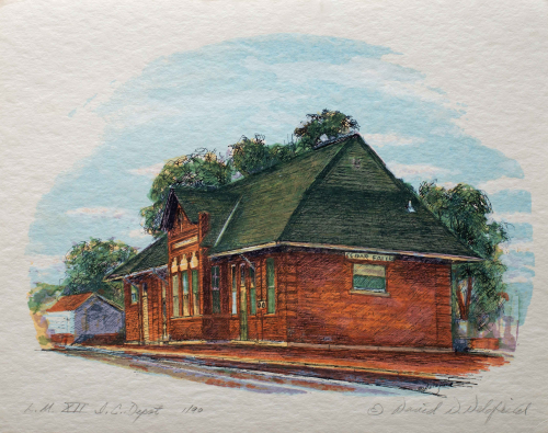 A color illustration of a red brick building with a green roof in three-quarter view next to train tracks