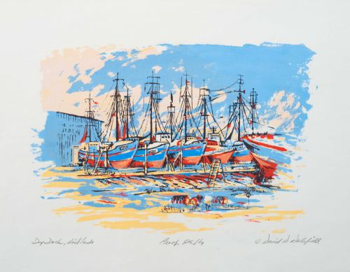 Print of blue and orange sail boats docked.