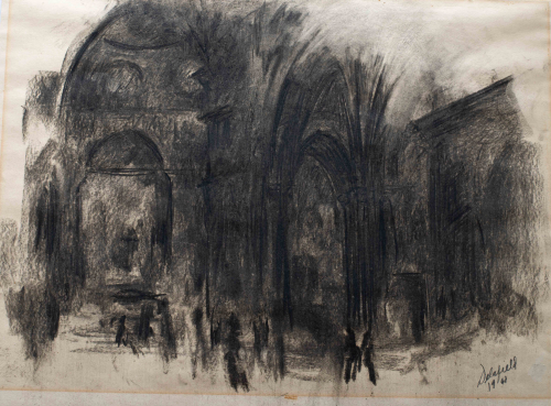  A loose sketch of a dark cathedral interior with several figures in the foreground