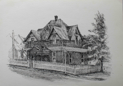 A complex black and white line drawing of a large old home with a white picket fence.