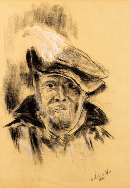 Portrait of a bearded man wearing a feathered cap.