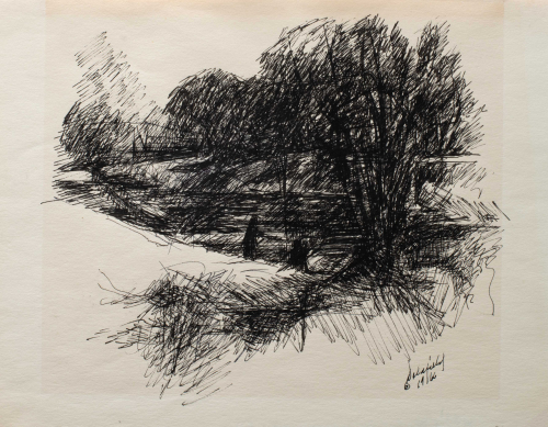 A sketch of a figure in a wooded landscape near a river.