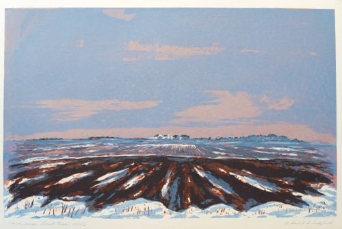 A screenprint of an Iowa field after the snow first begins to melt.  
