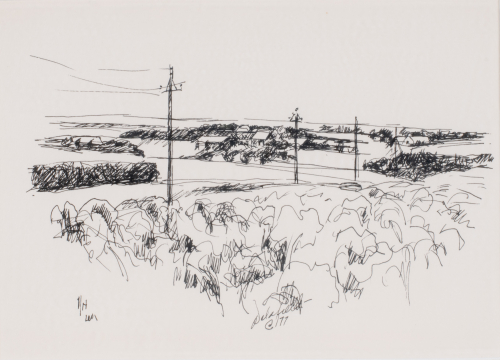 A landscape with clear horizon and telephone poles in the middle ground