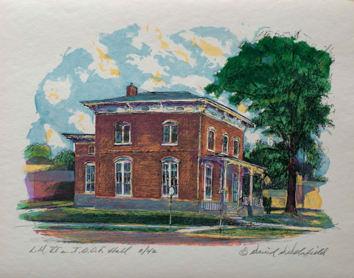 A depiction of a red brick building with elaborate cornice and a front porch with steps.