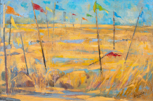 yellow landscape with blue sky. composition is filled with red, blue, yellow, green, and orange triangle flags