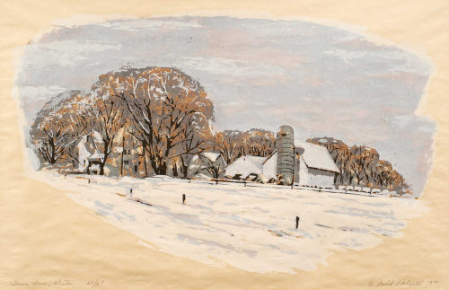 winter scene with a snowy field, a light purple-blue sky, and featuring a tree-surrounded white house and farm buildings