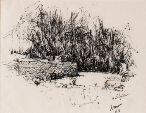 A drawing of dark stand of trees with a stone wall in the middle ground