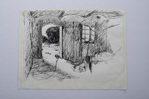 An ink sketch of the inside of a barn. 