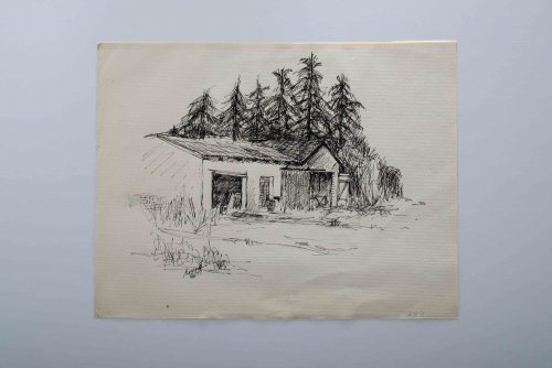 A small ink drawing of a shed in front of some trees