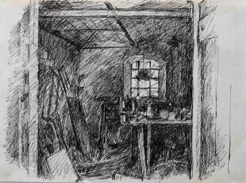 A loose sketch of the inside of a shed with a work bench near a window. 