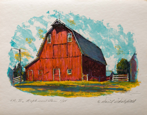 An image of a big red barn. There is a telephone pole to the left by a white fence
