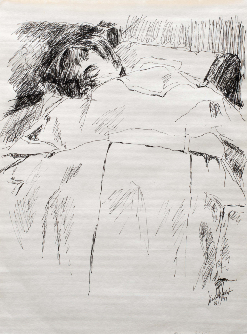 A sketch of a young woman seated and sleeping with cloth covering her up to her ears