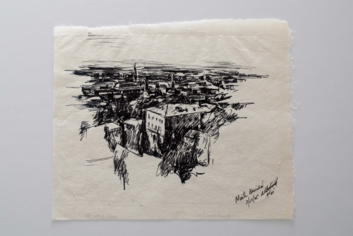 An ink sketch of a town from a high vantage point. 
