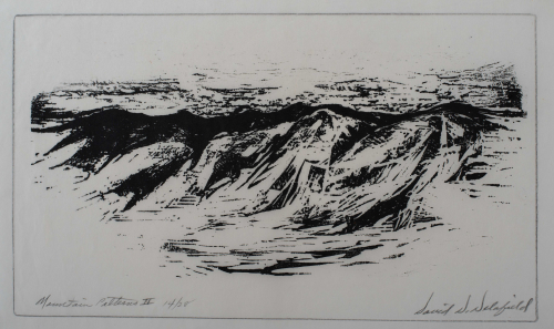 A woodcut image of an abstracted mountain landscape.