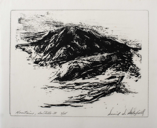An abstracted depiction of mountains in black ink. The artist has hand-drawn in a border around the image.