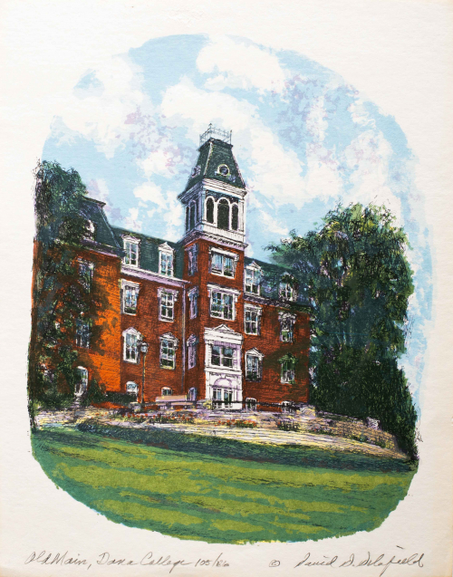 A color illustration of a brick building with tower at the center and large trees flanking it.