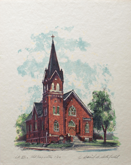 A color illustration of a red brick church in a summer setting with tower and spire to the left.