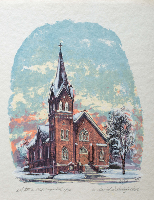 A color illustration of a red brick church in a winter setting with tower and spire to the left.