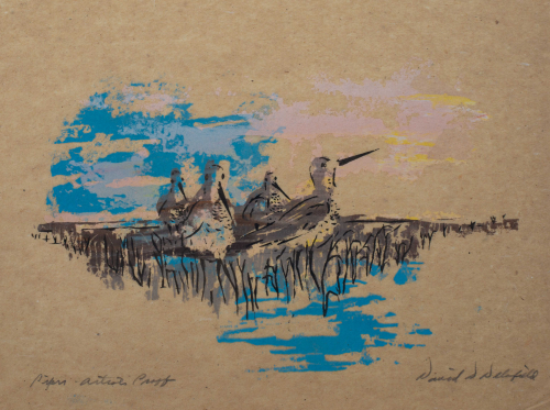 A print of four birds in a marshy scene one in a loose colorful style.