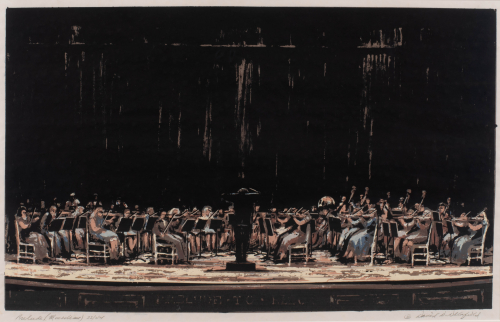 A depiction of a symphony orchestra before an enormous dark curtain on a proscenium stage